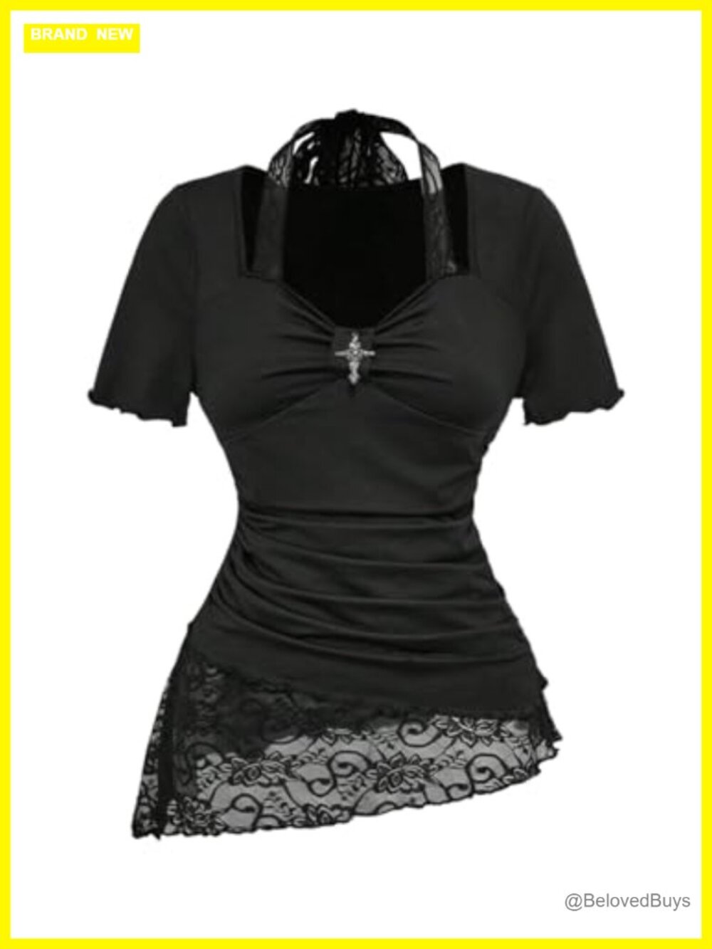 Women's Y2k Lace Halter Short Sleeve Grunge Goth Slim Fit Tee